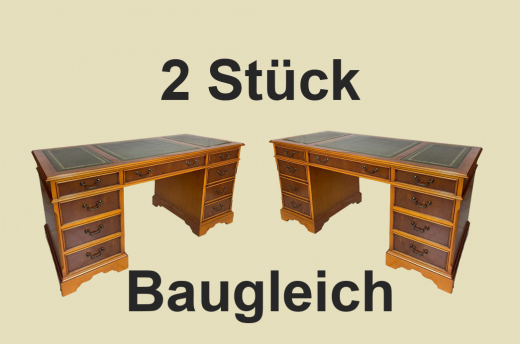 2x English Victorian ANTIK Pedestal Desk VINTAGE Schreibtisch Leder Eibe Sekretär