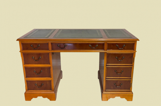 2x English Victorian ANTIK Pedestal Desk VINTAGE Schreibtisch Leder Eibe Sekretär