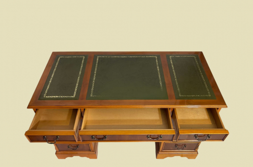 2x English Victorian ANTIK Pedestal Desk VINTAGE Schreibtisch Leder Eibe Sekretär