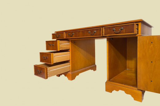 2x English Victorian ANTIK Pedestal Desk VINTAGE Schreibtisch Leder Eibe Sekretär